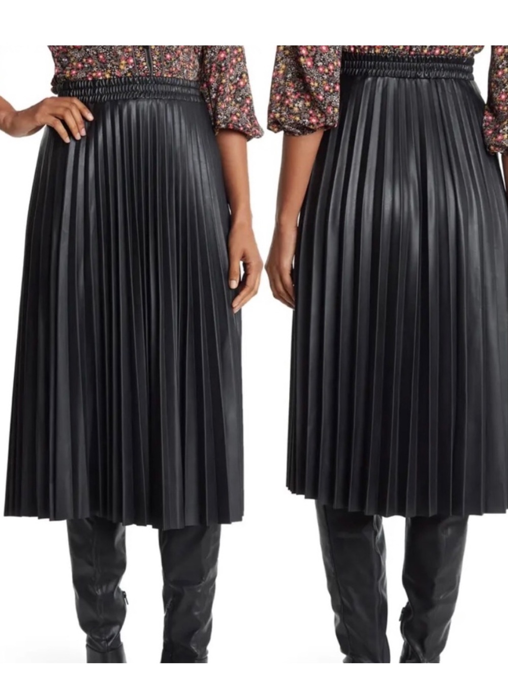 Max Studio Black Faux Leather Pleated Midi Skirt XS